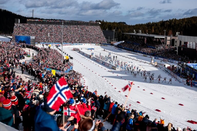 All athletes starting the race - FIS Nordic World Ski Championships Cross-Country, mass men, Trondheim (NOR).