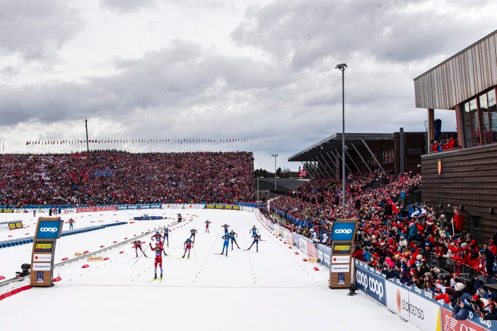 Johannes Høsflot Klæbo of Norway celebrates when winning the men's 20 km free technique skiathlon during day 4 of the 2025 FIS Nordic Ski World Championships on March 1, 2025 in Trondheim Maxim Thoré / BILDBYRÅN /