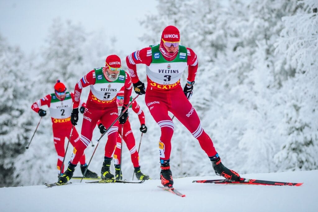 28.11.2021, Ruka, Finland (FIN): Alexey Chervotkin (RUS), Ilia Semikov (RUS), Alexander Bolshunov (RUS), Sergey Ustiugov (RUS), (l-r) - FIS world cup cross-country, pursuit men, Ruka (FIN).