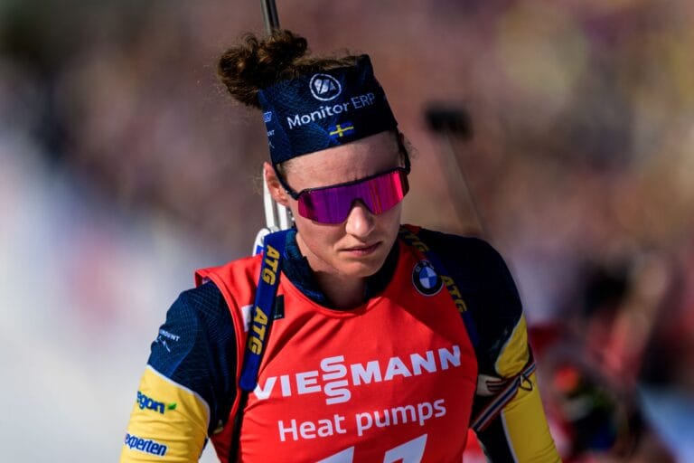 Hanna Öberg of Sweden looks dejected after women's 12,5 km mass start during the IBU World Cup on March 23, 2025 in Oslo.