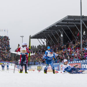 Ristomatti Hakola of Finland, Lauri Vuorinen of Finland and Edvin Anger of Sweden compete in the men's classic technique team sprint final during day 8 of the 2025 FIS Nordic Ski World Championships on March 5, 2025 in Trondheim. Foto: Maxim Thoré / BILDBYRÅN