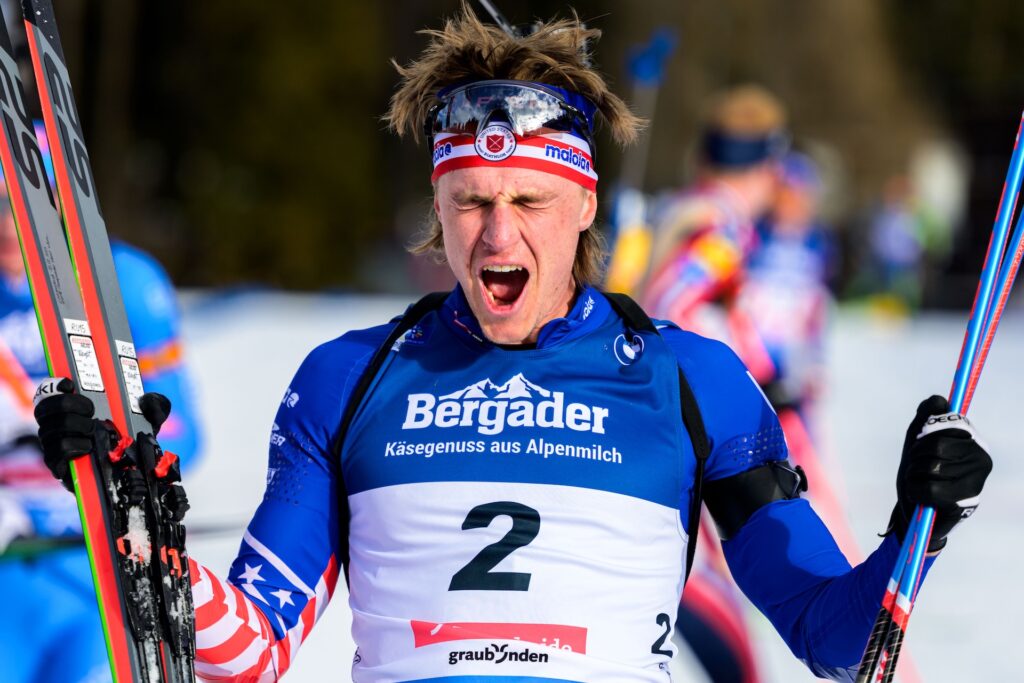 Campbell Wright of United States celebrates after men's 12,5 km pursuit during the IBU Biathlon World Championships on February 16, 2025 in Lenzerheide. Foto: Petter Arvidson / BILDBYRÅN