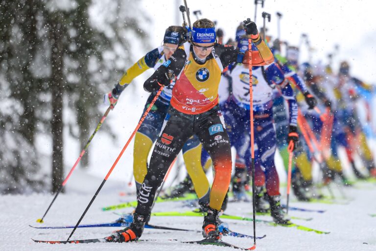 Elvira Oeberg (SWE), Franziska Preuss (GER), Lou Jeanmonnot (FRA), (l-r) - IBU World Cup Biathlon, mass women, Pokljuka (SLO).