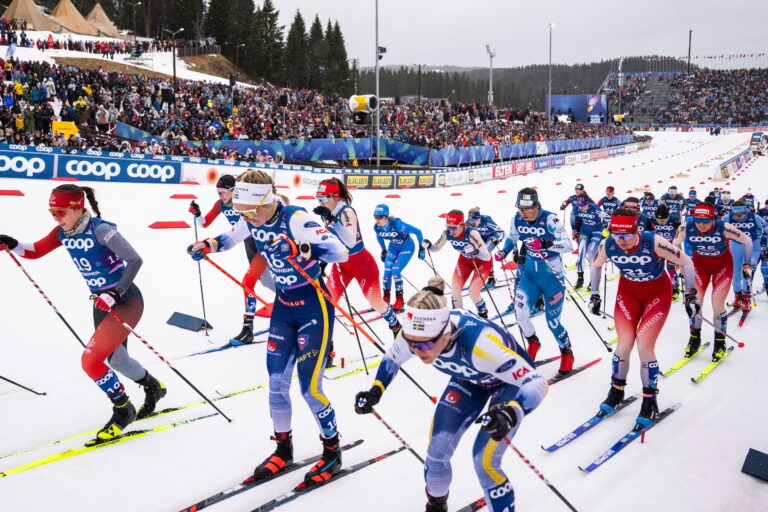 250302 Emma Ribom of Sweden and Jonna Sundling of Sweden compete in the women's 20 km skiathlon during day 5 of the 2025 FIS Nordic Ski World Championships on March 2, 2025 in Trondheim. Photo: / kod MT / MT0745