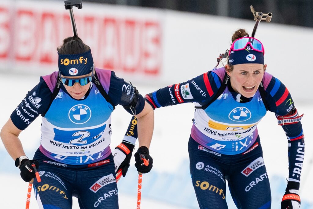 Julia Simon and Justine Braisaz-Bouchet of France compete in women's 4 x 6 km Relay during the IBU Biathlon World Championships on February 17, 2024 in Nove Mesto na Morave.