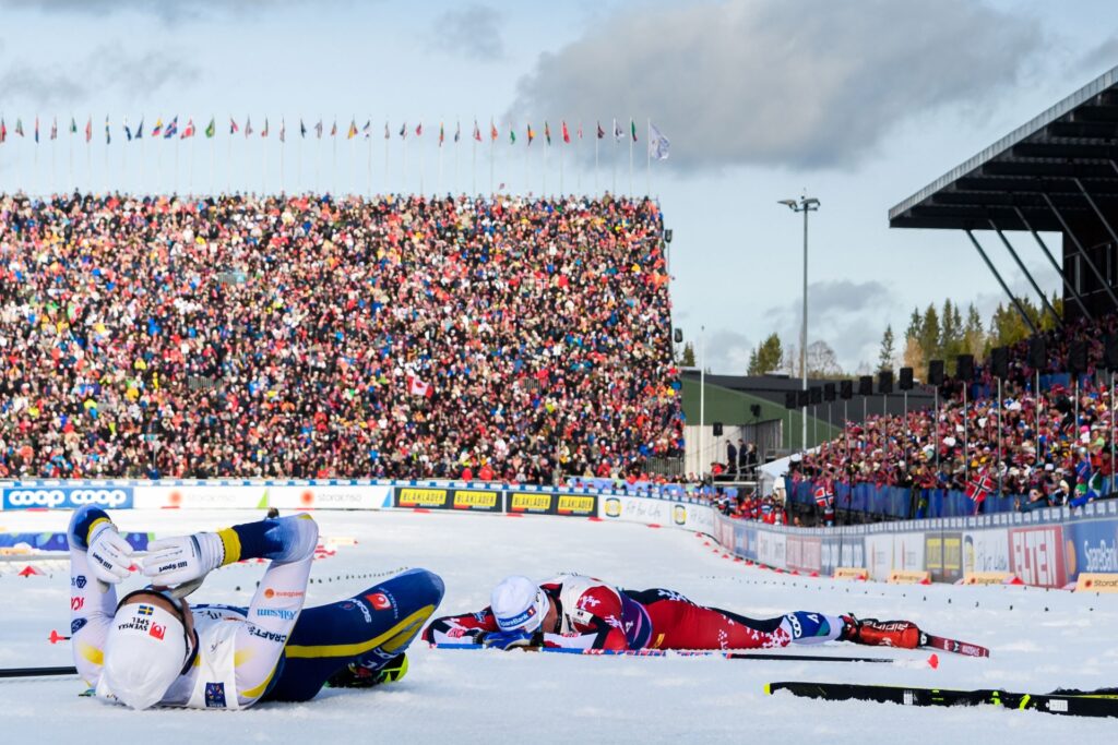 250308 William Poromaa of Sweden and Harald Østberg Amundsen of Norway after the men's free technique 50 km mass start during day 11 of the 2025 FIS Nordic Ski World Championships on March 8, 2025 in Trondheim.