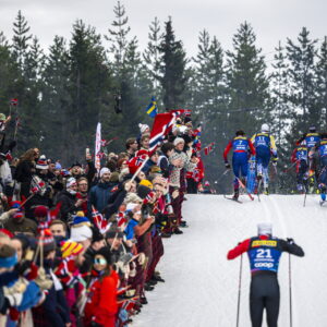 Spectators look on as William Poromaa of Sweden pass by in the men's 20 km free technique skiathlon during day 4 of the 2025 FIS Nordic Ski World Championships on March 1, 2025 in Trondheim.