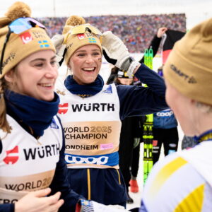 Ebba Andersson, Frida Karlsson and Jonna Sundling of Sweden celebrate after competing in the women's 4 x 7.5 km classic/free technique relay during day 10 of the 2025 FIS Nordic Ski World Championships on March 7, 2025 in Trondheim.